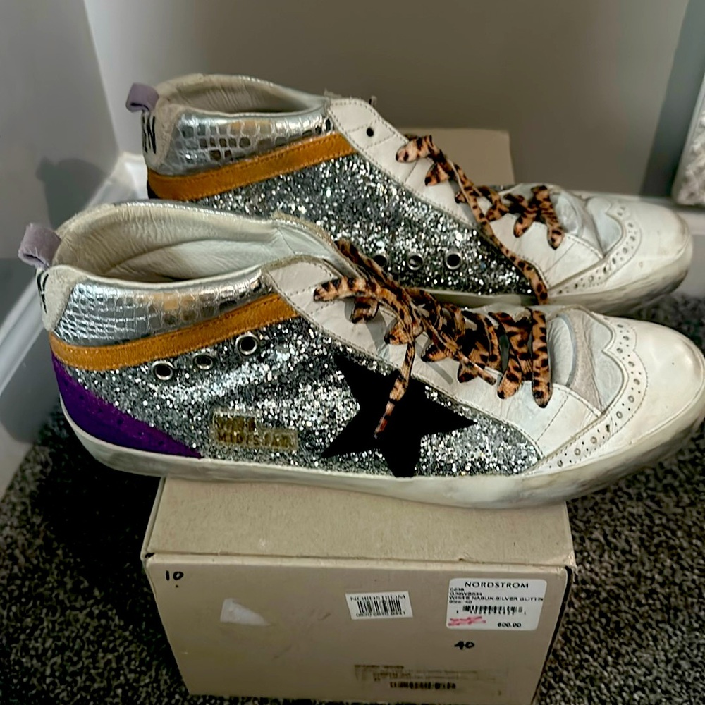 Golden Goose Mid Star white with silver glitter.  Size 40.